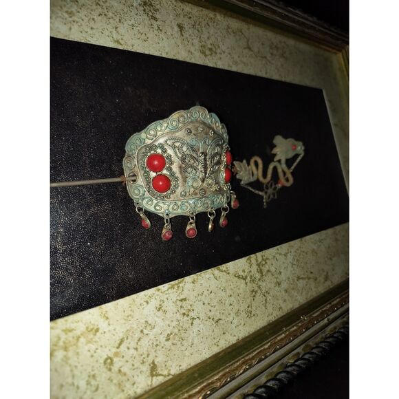 OLD Tibet Silver Hairpin Inlaid Red Coral & Gray Sapphire Dragon in Shadowbox - Picture 7 of 9